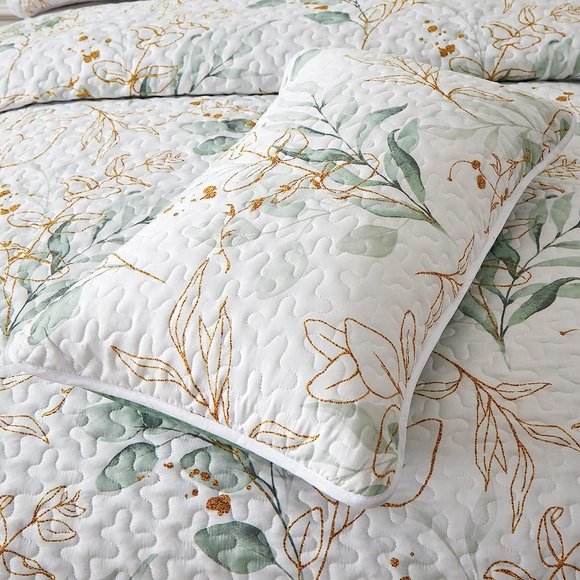 New Green & Gold Leaves 3-Piece Bedding Quilt Set • Reversible • KING - Picture 4 of 10